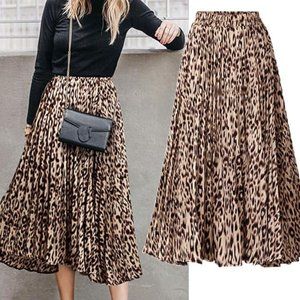 CHARTOU Womens Chic Elastic High Waisted A Line Leopard Print Pleated Shirring M